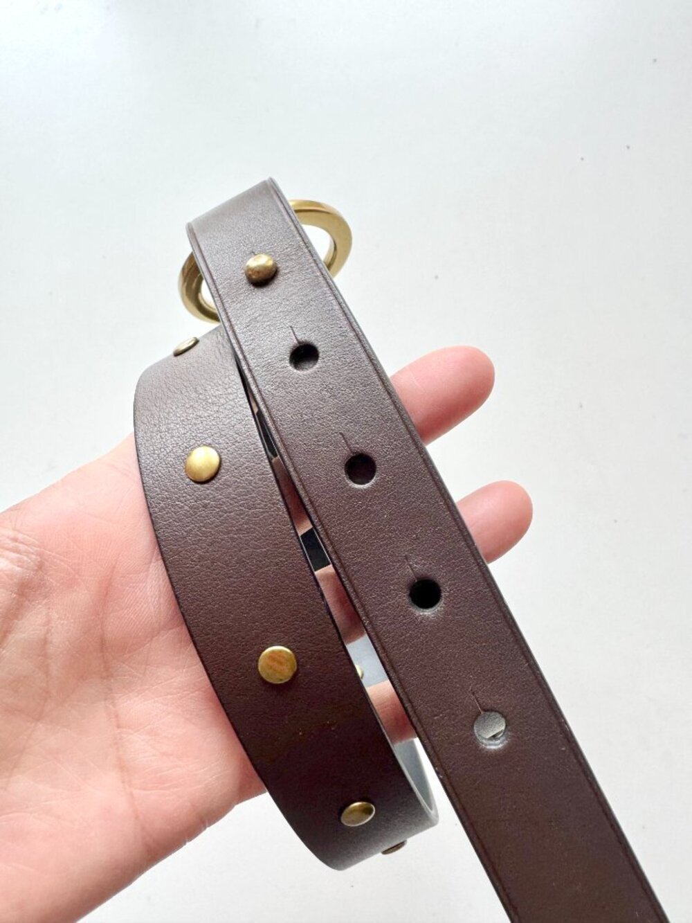 CABI Brown Leather Gold Tone Studded Stud Closure Waist Belt, Size S - Picture 4 of 12